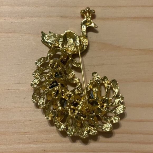 Colorful Rhinestone Peacock Brooch Pin Gold-Tone Backing Crystal Embellishments - Picture 2 of 3